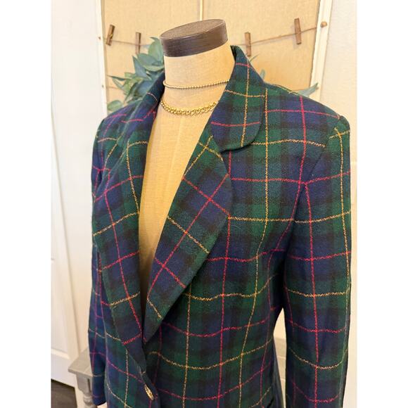 JOAN LESLIE Plaid Blazer Coat Jacket Women size 10 Navy Green Holidays Tartan - Picture 3 of 10
